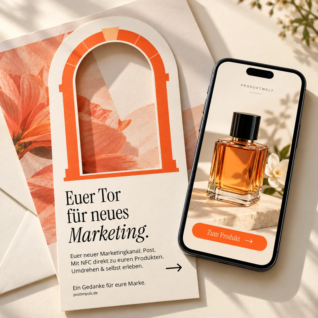 Konzeptvisualisierung: ausgestanzte POSTIMPULS-Karte neben einem Smartphone mit mobiler Produktseite